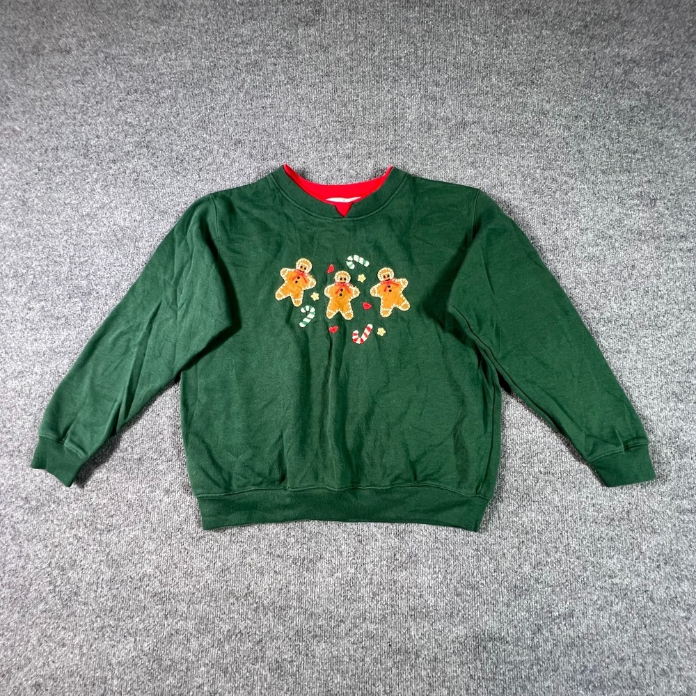Shenanigans Sweatshirt Women's M Green Cotton Lined Gingerbread Embroidered